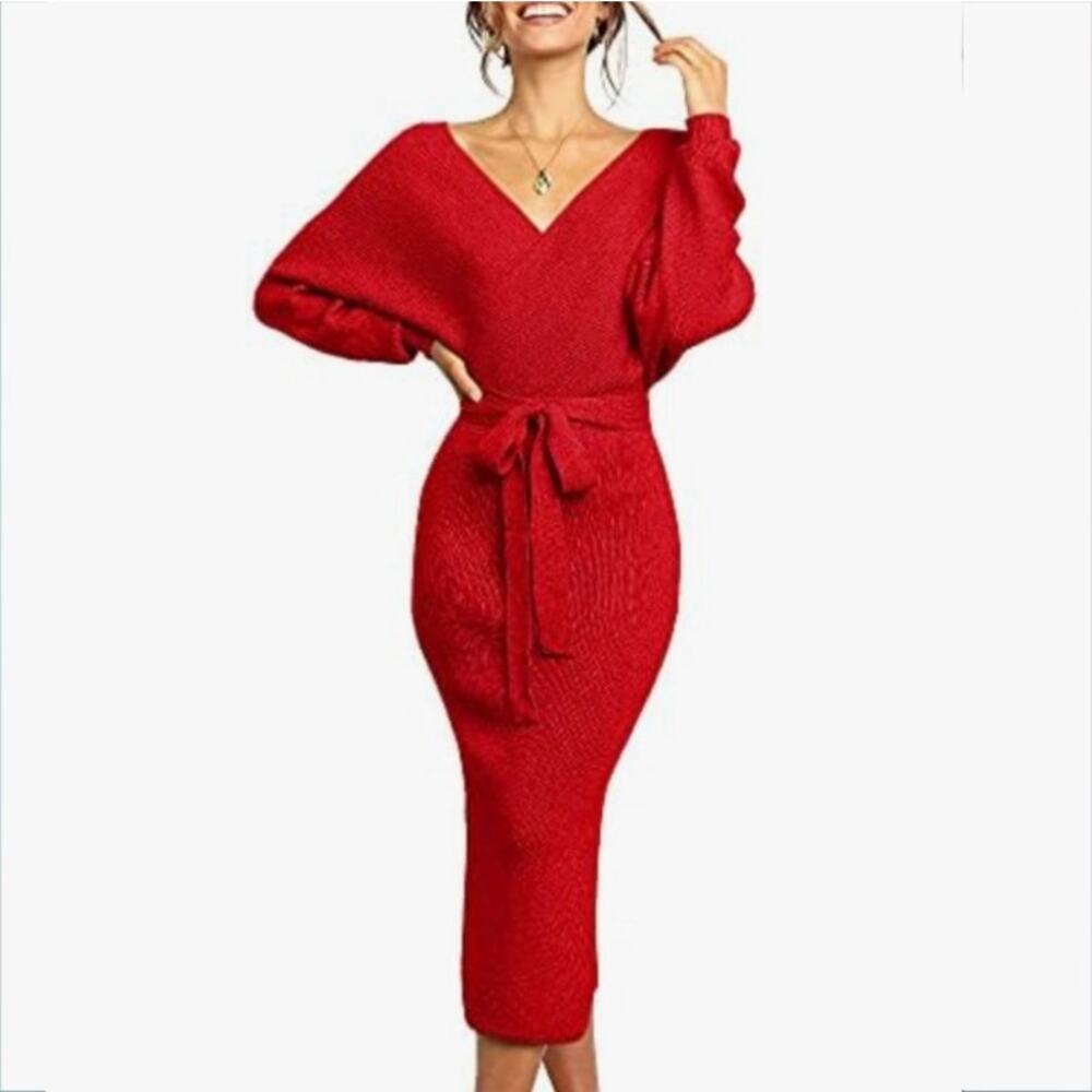 Classic Red LBD Sweater Midi Dress S Holiday Cocktail Bodycon Sexy Cozy NEW - Picture 13 of 13
